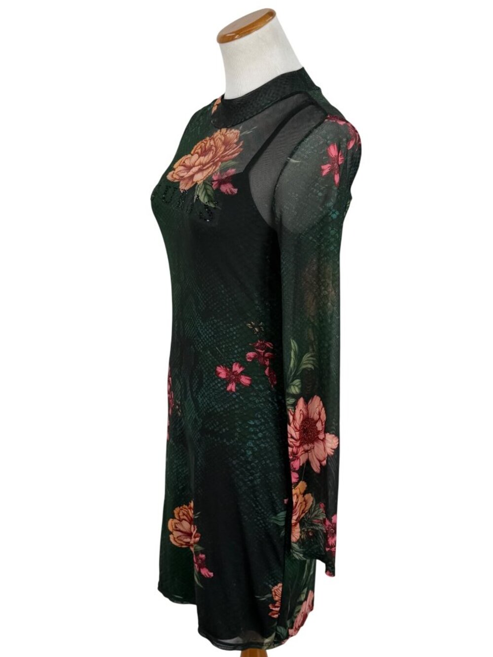 Guess Green Floral Mesh Rhinestone Bodycon Mini Dress | Sirencore Whimsigoth Y2K - Picture 12 of 16